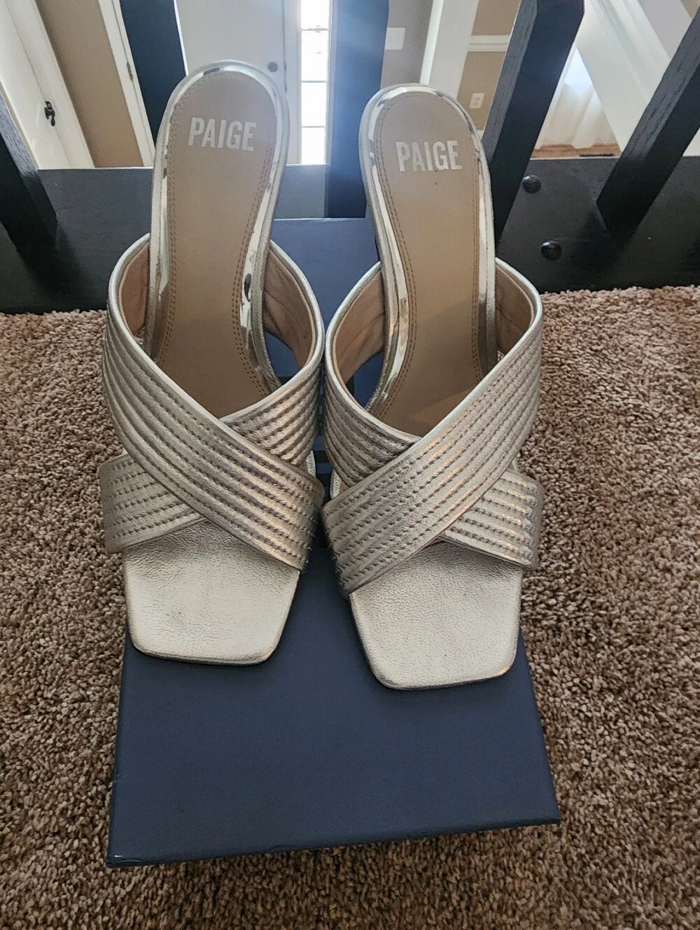 PAIGE Metallic Silver Cross-Strap Slide Heels